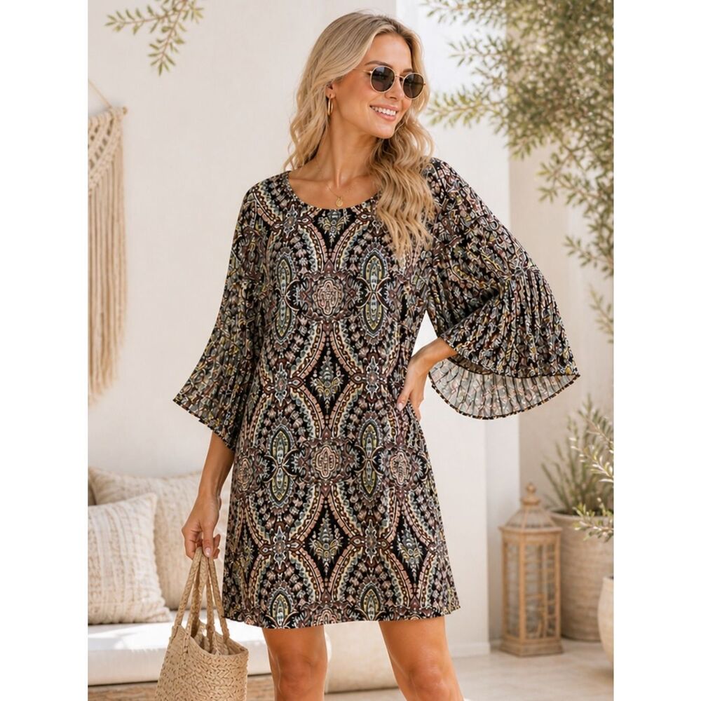 Love FIRE Pleated Wide Arm Shift Dress Mediterranean Stain Glass Print Multi M